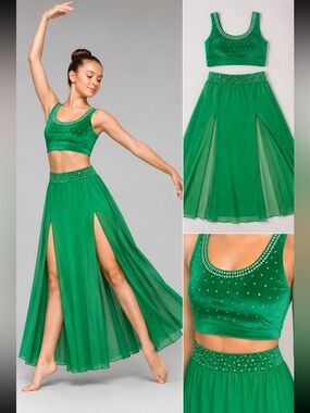 The LineUp Kelly Green Contemporary lyrical Solo Costume Long Mesh Skirt Size 10